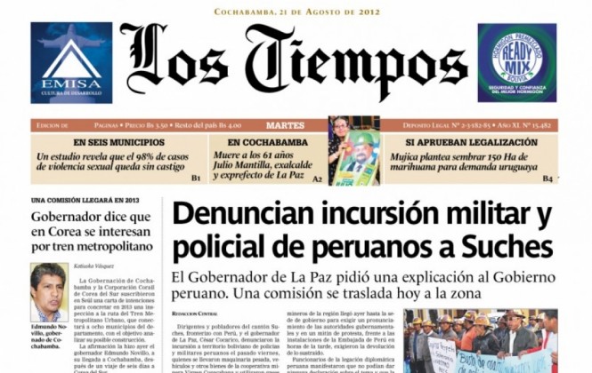La tapa del periódico Los Tiempos/