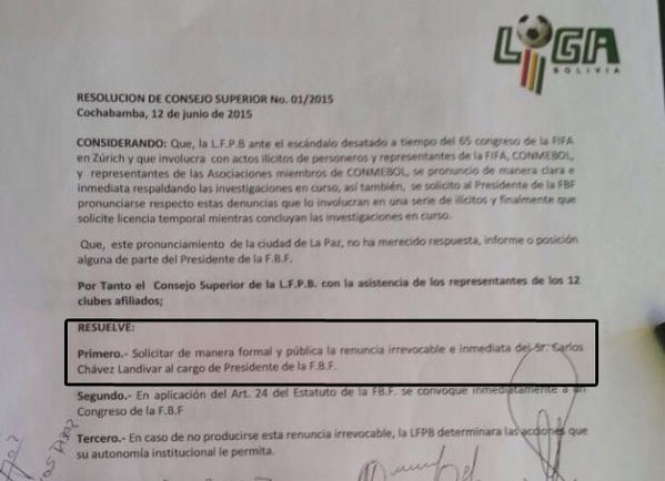 La resolucion emitida por el Consejo Superior de la liga boliviana                       Foto: @juanpasten2010