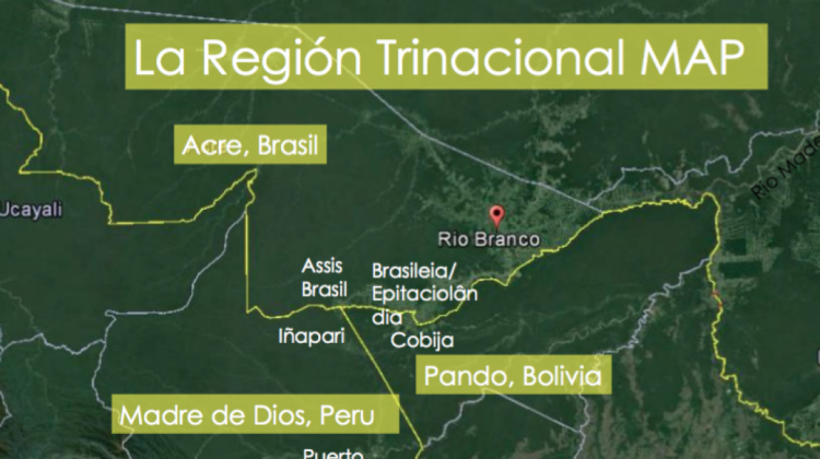 Vista de Google Maps del área amazónica de Bolivia, Perú y Brasil.