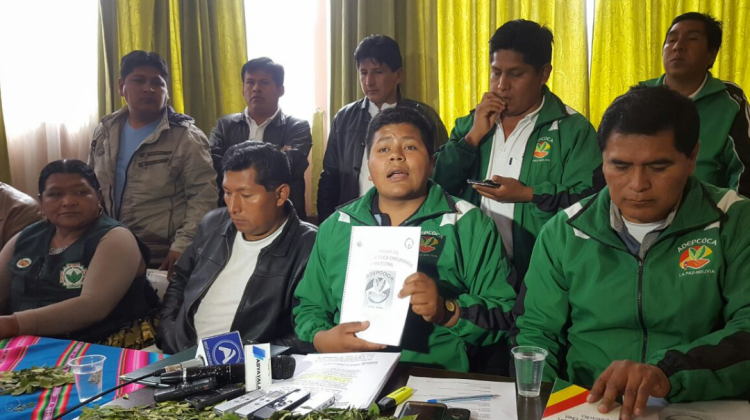 Los dirigentes de Adepcoca, Cofecay y la mancomunidad de municipios cuando presentaron su anteproyecto de ley de la coca el 2016. Foto: ANF