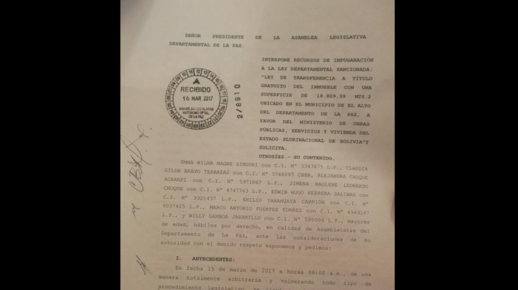 El documento de impugnación que presentaron los asambleístas de UN y SOL.BO ante la Asamblea Legislativa Departamental de La Paz.