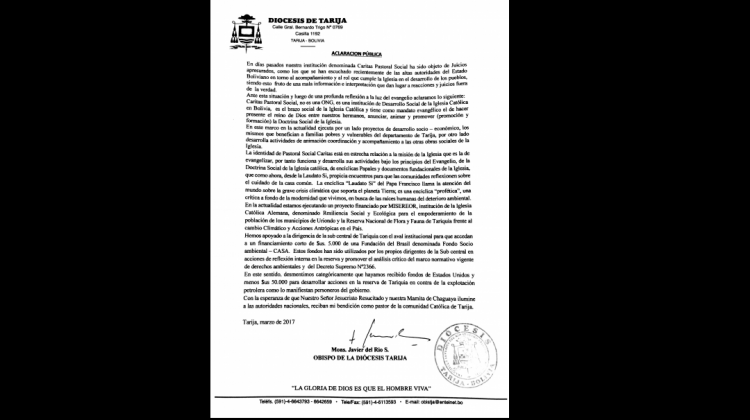 La aclaración pública emitida por la Diócesis de Tarija.