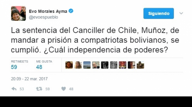 Mensaje de Evo Morales en su cuenta de twiter.