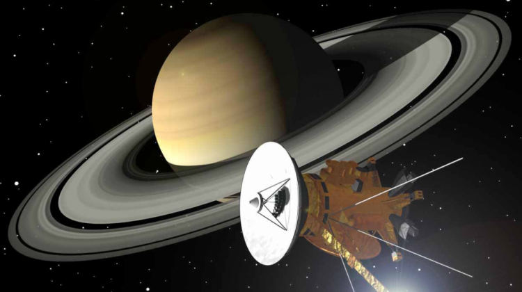 La sonda espacial Cassini de la NASA sobre el planeta Saturno.