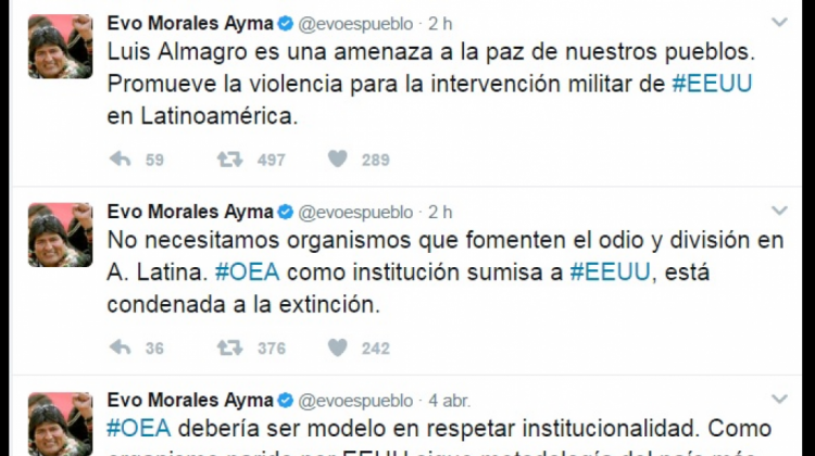 Tuits de cuenta oficial del Presidente Evo Morales