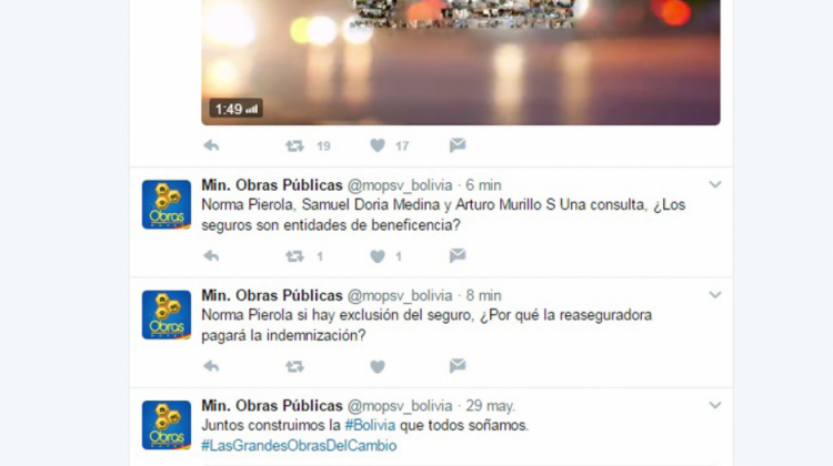 Cuenta de Twitter del Ministerio de Obras Públicas. Foto captura internet