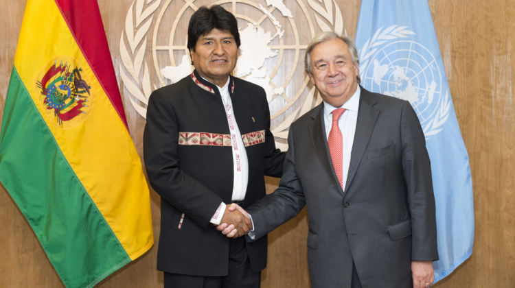 Evo Morales junto al secretario General de la ONU, António Guterres. Foto: Abi