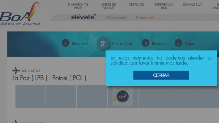 En su sitio web, la aerolínea no tiene vuelos disponibles a Potosí.
