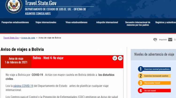 El aviso de viaje está en su página web. Foto: Captura del portal