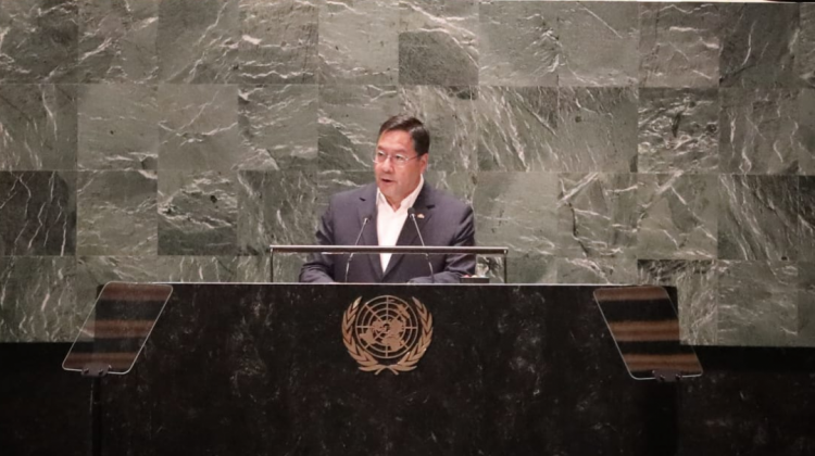 El presidente Luis Arce en la ONU. Foto: Facebook.