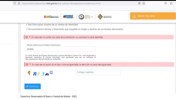 La página donde se llena el formulario online y que indica 