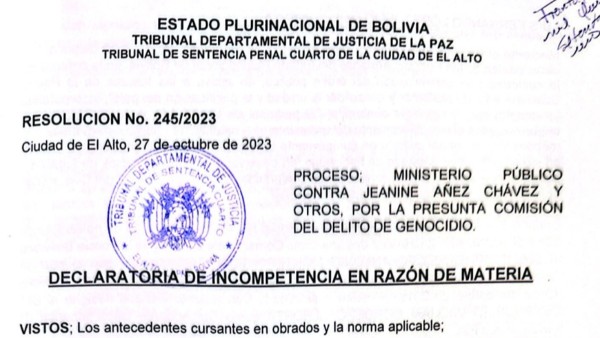Resolución que declina competencia de los jueces para juzgar a Áñez.