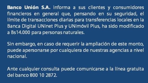 Banco Unión modifica límite de transacciones diarias a Bs 14.000 por banca móvil e internet