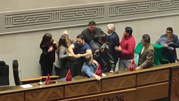La diputada Callisaya vestida de verde empuja al diputado Astorga. Foto.: captura videos de ANF