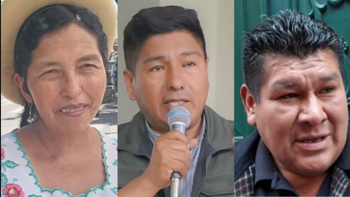Los postulantes del Pacto de Unidad arcista Julia Ramos, Grover García y Fidel Surco para dirigir el MAS. Foto: ANF