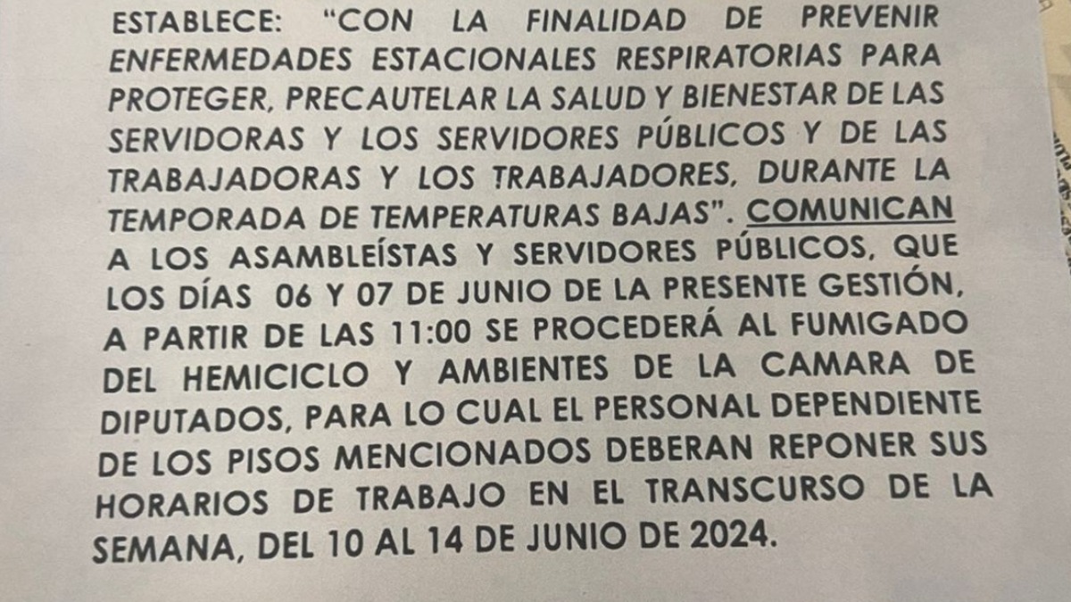El comunicado de la Oficialía Mayor de Diputados.
