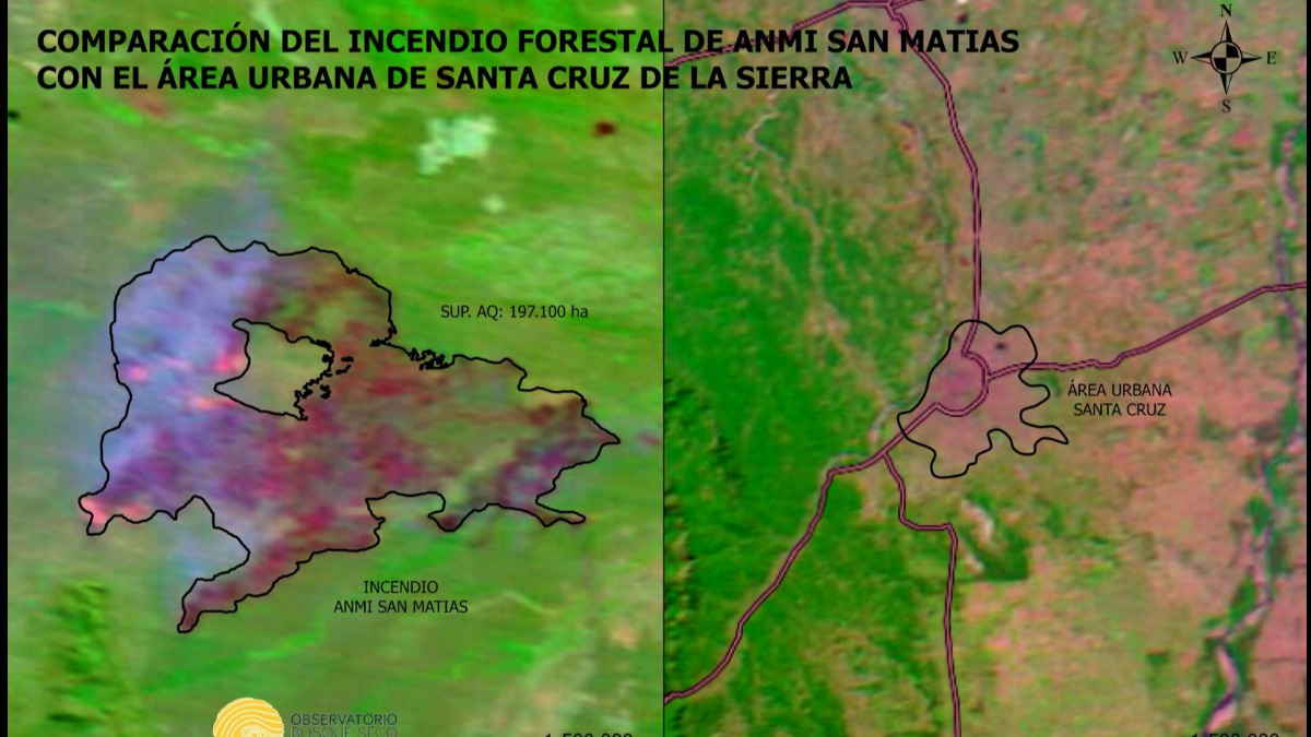 Comparación del fuego en San Matías con relación a Santa Cruz de la Sierra. Fuente: OBSCh