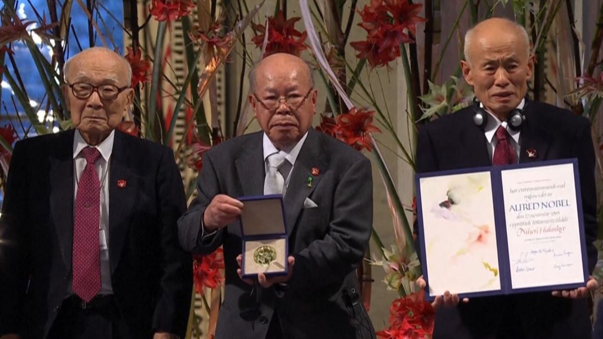 Los copresidentes de la ONG japonesa Nihon Hidankyo, formada por supervivientes de los bombardeos atómicos de Hiroshima y Nagasaki.