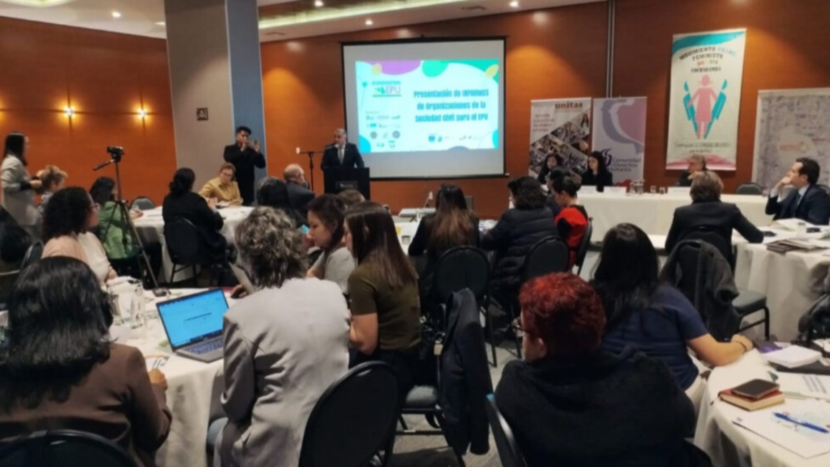 Organizaciones de la sociedad civil, durante la presentación del informe alternativo para el EPU ante la comunidad internacional en La Paz. Foto: Sumando Voces