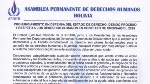 APDHB exige respeto al Estado de derecho y denuncia criminalización de defensores de DDHH