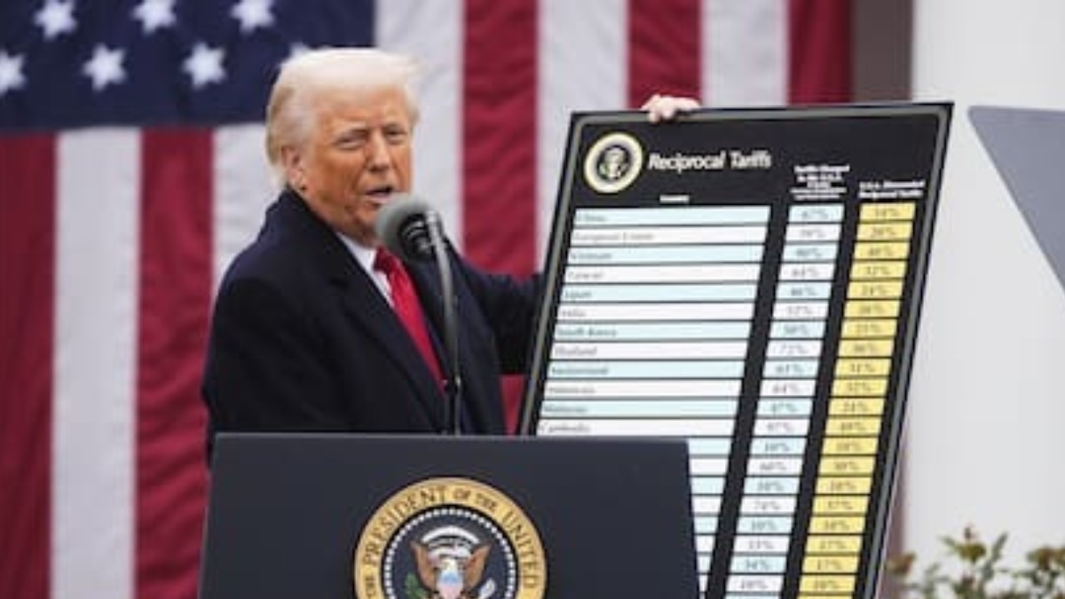Donald Trump, presidente de EEUU, en el lanzamiento de sus aranceles. Foto: Yahoo