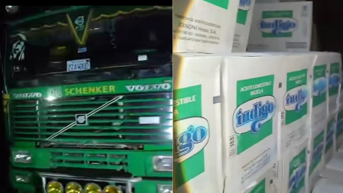 El camión trasladaba cajas con aceite. Foto: Captura