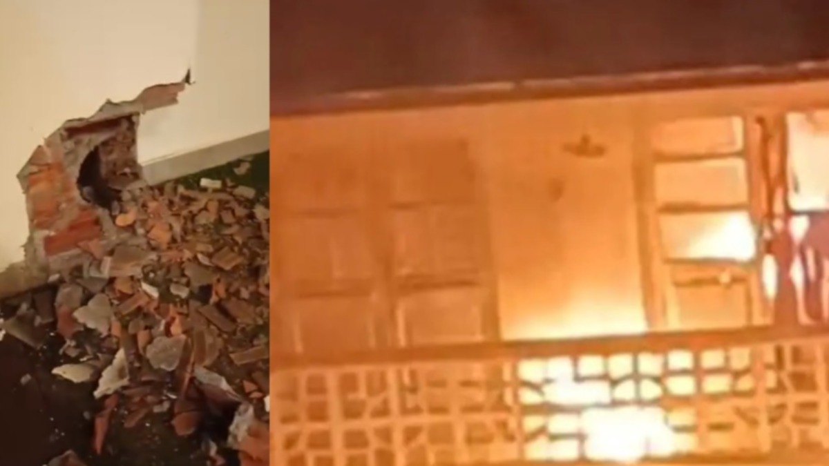 Pared afectada con el explosivo en el domicilio donde Alanoca pernoctaba. Dercha, incendio de la sede de Evo Pueblo.