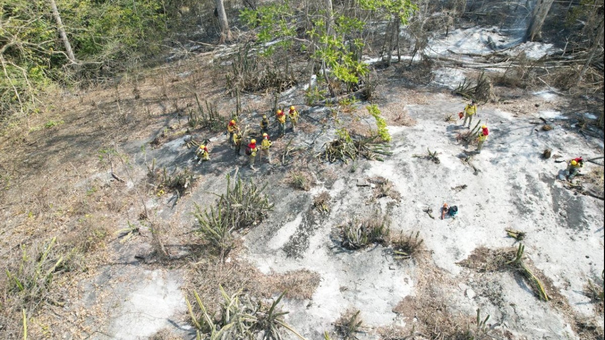 Bomberos enfrían uno de los focos de calor. Foto: Gobernación de Santa Cruz