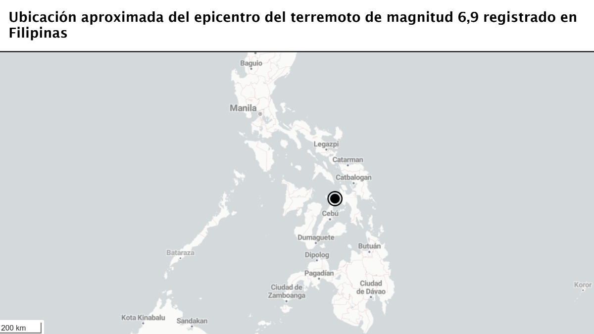 Localización del epicentro del sismo en Filipinas.