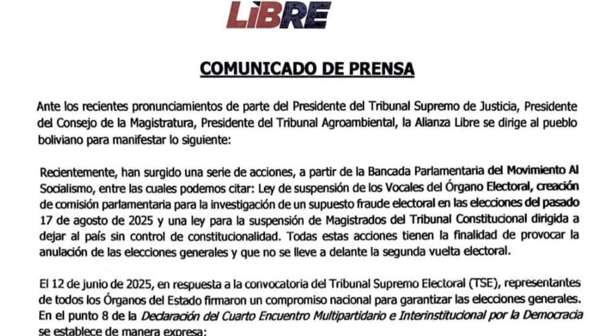 Comunicado de prensa de Alianza Libre. Foto: Alianza Libre