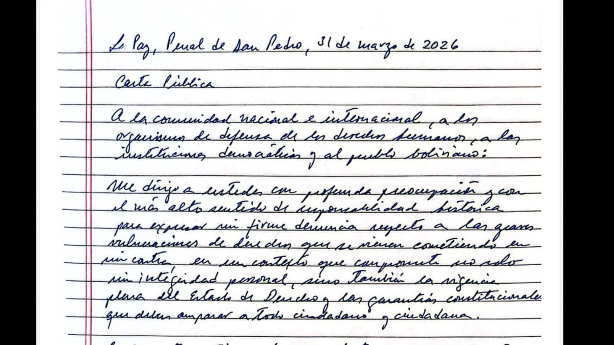 Parte de la carta del expresidente Luis Arce escrita desde el penal de San Pedro. Foto: RRSS