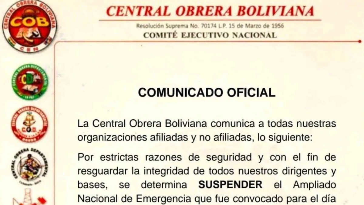 Comunicado de al Central Obrera Boliviana (COB).