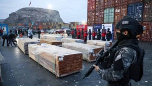 Un policía custodia la droga que estaba escondida en madera proveniente de Bolivia. Foto: Infobae