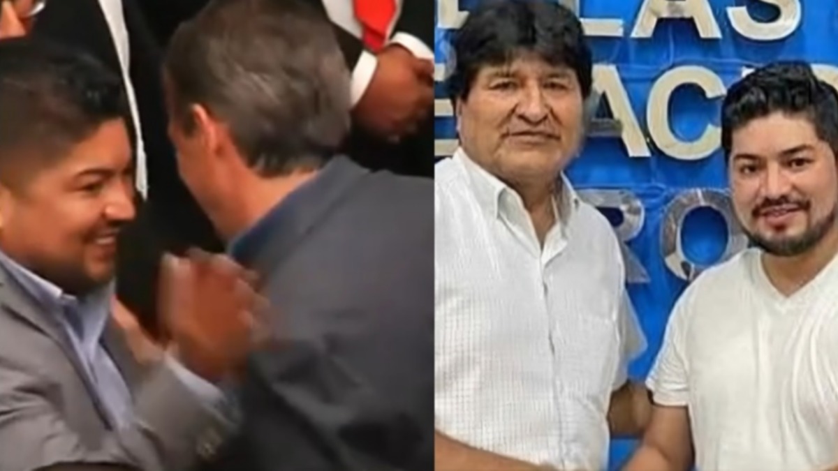 Irusta saludando de abrazo al presidente Rodrigo Paz; en la otra foto, Evo Morales y el mismo abogado.