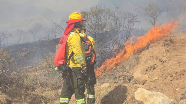 Bomberos en acción sofocando un incendio en Tarija. Foto: GAMT