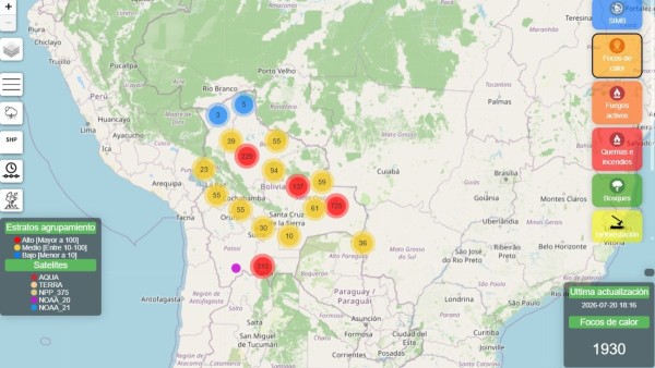 Mapa de los focos de calor en Bolivia