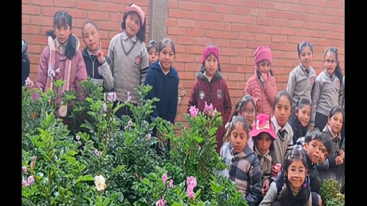 Los y las estudiantes en el huerto. Foto: unidad educativa San Marcos